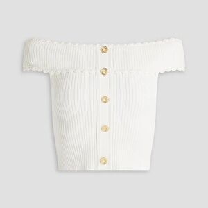 Sandro Off-The-Shoulder Cropped Button-Embellished Ribbed-Knit Top Size 1